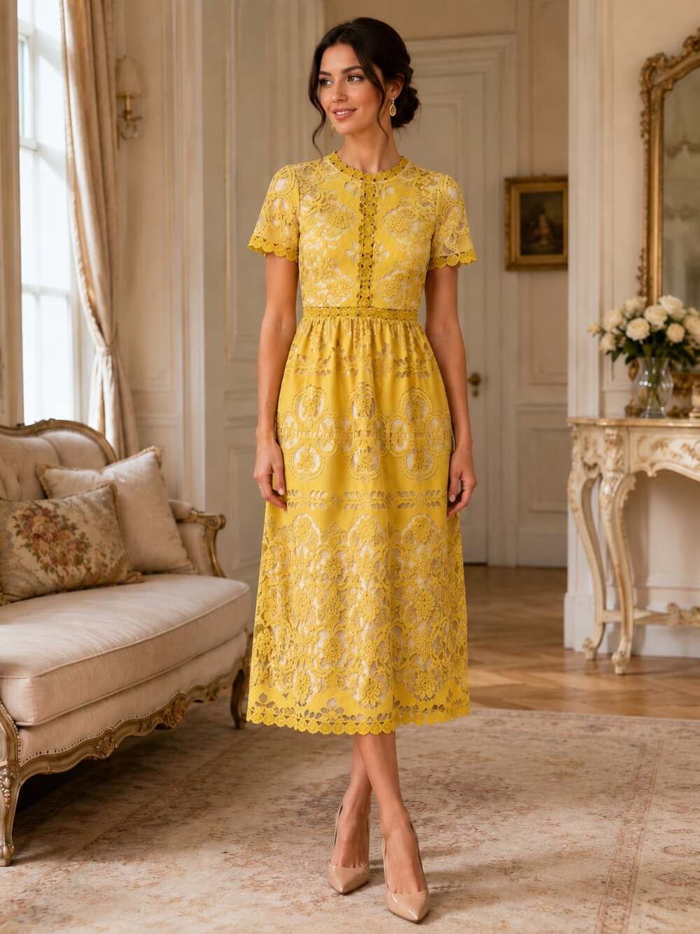 Böhme Mustard Yellow Lace Midi Dress M Short Sleeve Lined Boho Cottagecore
